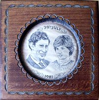 J & J Cash wooden box STYLE 1, with a woven portraits of Prince Charles and Lady Diana