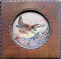 J & J Cash wooden box STYLE 1, with a woven picture of a wren