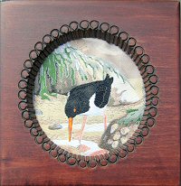 J & J Cash wooden box STYLE 1, with a woven picture of an oystercatcher