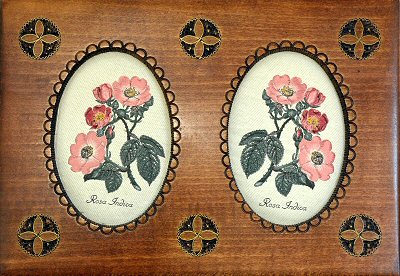 J & J Cash wooden box STYLE 3, with a woven picture of a pair of Rosa Indica flowers