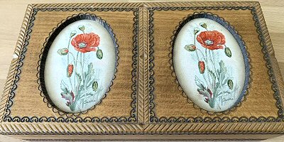 J & J Cash wooden box STYLE 3, with a woven picture of a Poppy flower