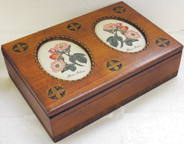 J & J Cash wooden box STYLE 3, with a woven picture of Rosa Indica flowers