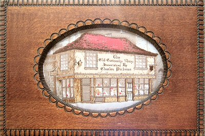 J & J Cash wooden box STYLE 4, with a woven picture of The Old Curiosity Shop