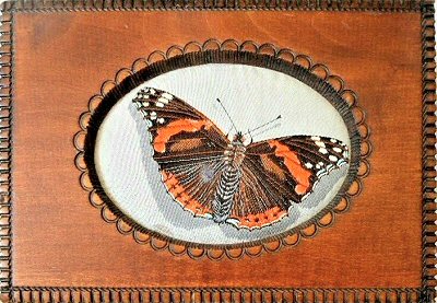 J & J Cash wooden box STYLE 4, with a woven picture of a butterfly - possibly a Red Admiral