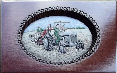 J & J Cash wooden box STYLE 4, with a woven picture of a tractor