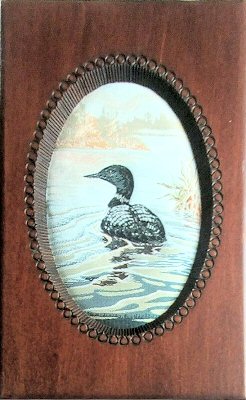 J & J Cash wooden box STYLE 4, with a woven picture of a common loon