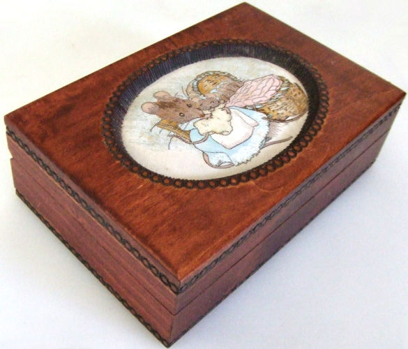 J & J Cash wooden box STYLE 4, with woven picture of Hunca Munca