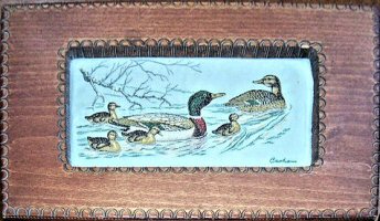 J & J Cash wooden box with woven picture of Mallard & Young (swimming)