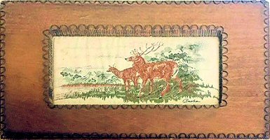 J & J Cash wooden box with woven picture of Highland Deer