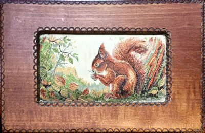 J & J Cash wooden box with woven picture of a red squirrel
