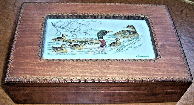 J & J Cash wooden box with woven picture of Mallard & Young (swimming)