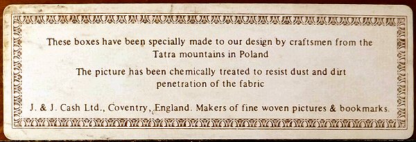 back label on this wooden box, confirming box made in the Tatra Mountains, Poland