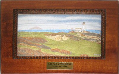J & J Cash wooden box with woven picture of a golf course; Ailsa Course, Turnberry, Scotland