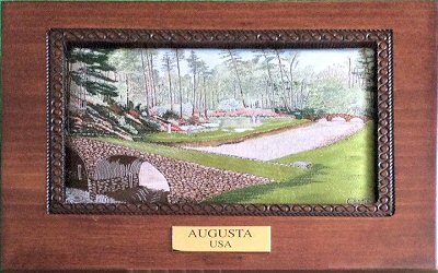 J & J Cash wooden box with woven picture of a golf course; Augusta , Georgia, U.S.A.