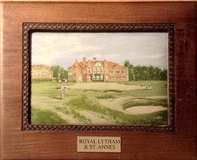 J & J Cash wooden box with woven picture of a golf course; Royal Lytham & St. Annes