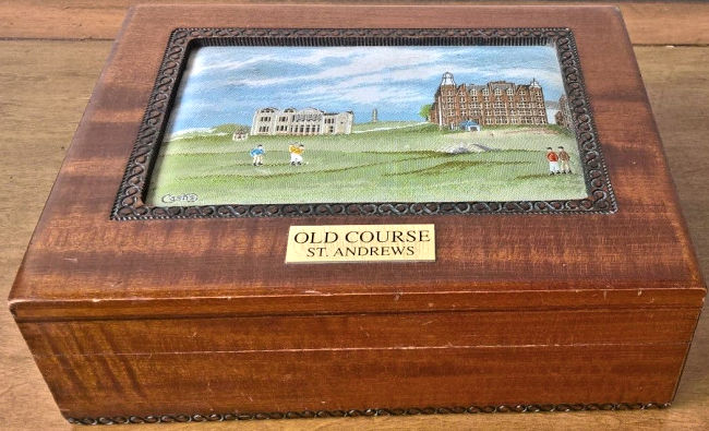 J & J Cash wooden box with woven picture of a golf course; The Old Course, St. Andrews, Scotland