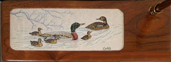 J & J Cash wooden desk tidy with woven picture of mallard duck family