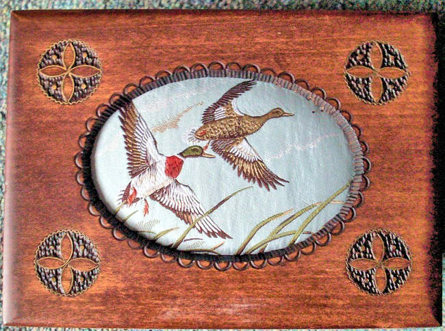 J & J Cash wooden box with woven picture of Mallard in flight, and musical box included in box