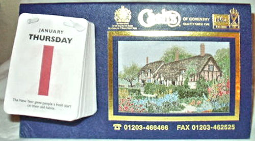 J & J Cash woven picture of Anne Hathaway's Cottage, with attached calendar of unknown year