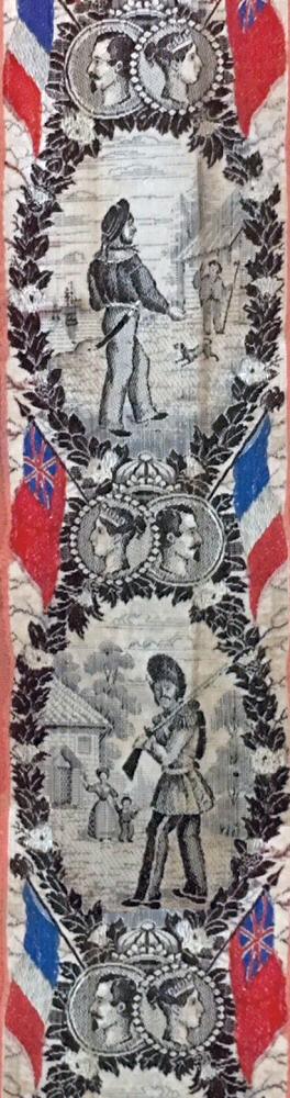 J & J Cash woven ribbon with images of British and French soldiers returning from the Crimean war