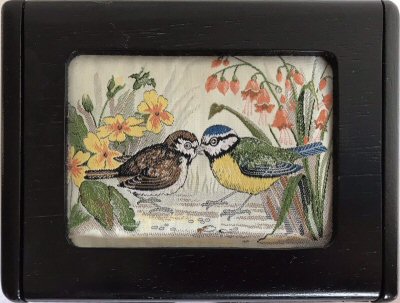 J & J Cash wooden box with inlayed lid, with picture of a sparrow and a blue-tit