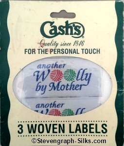 J & J Cash woven saw-on label with words: ANOTHER WOOLLY BY MOTHER