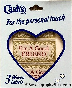 J & J Cash woven saw-on label with words: FOR A GOOD FRIEND