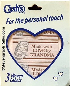 J & J Cash woven saw-on label with words: MADE WITH LOVE BY GRANDMA
