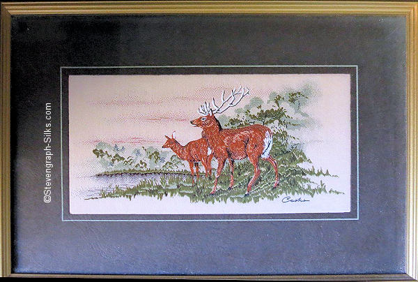 J & J Cash woven picture with image of a Red Deer stag and doe