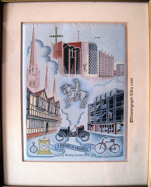 J & J Cash woven picture with various scenes of Coventry, words on a ribbon and title words