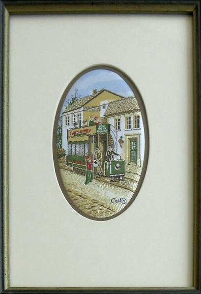 J & J Cash small oval centred woven picture with image of a trolley bus (tram)