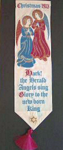 Christmas 1973 bookmark with angels and title words
