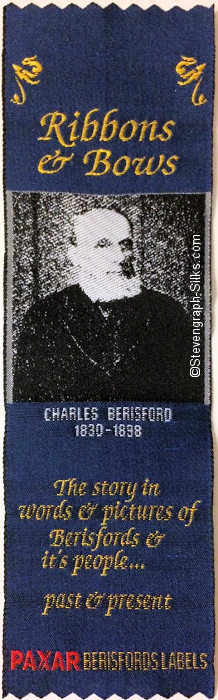 advertising bookmark with title words and woven portrait of Charles Berisford