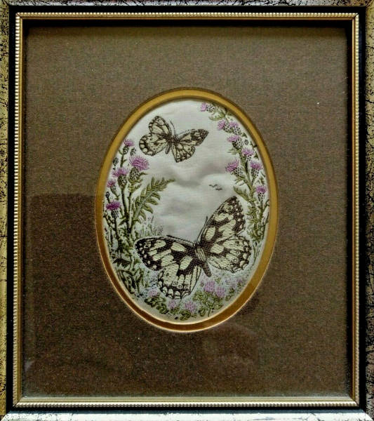 Framed woven picture of a pair of Marbled white butterflies, with thistles