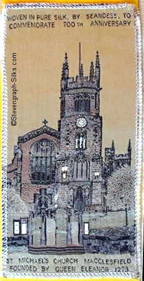 advertising bookmark with title words and image of St. Michael's Church, Macclesfield