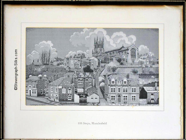 picture with title words printed below picture, and picture of part of Macclesfield, towards St. Michael's Church