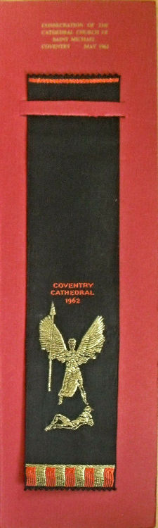 woven bookmark with title words - Coventry Cathedral - and image of the St. Michael holding down the devil