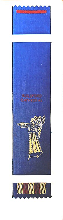 woven bookmark with tile words - Guildford Cathedral - and image of the cathedral motif