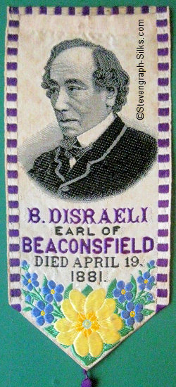 bookmark of Disraeli, with L & S woven on the reverse, and dated 1881