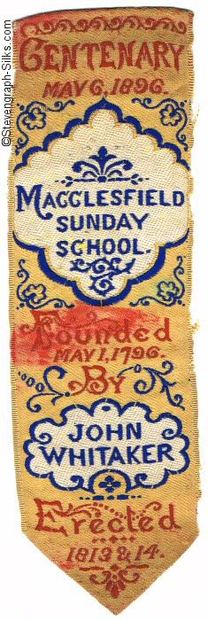 silk woven bookmark of Macclesfield Sunday School Centenary of 6 May, 1896