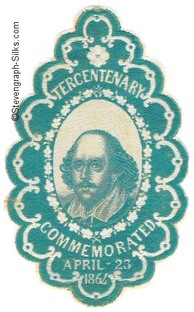 top silk of three, with portrait of William Shakespeare and words Tercentenary / Commemorated April 23 1864
