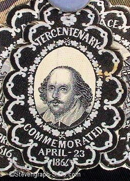 top silk of three, with portrait of William Shakespeare and words Tercentenary / Commemorated April 23 1864
