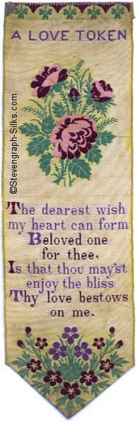 Bookmark with title words, image of roses, and words of verse
