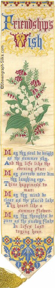 Bookmark with title words, image of lily of the valley and other flowers, and words of verse