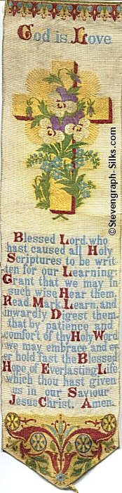 Short bookmark with title words, image of flower covered cross, and words of verse