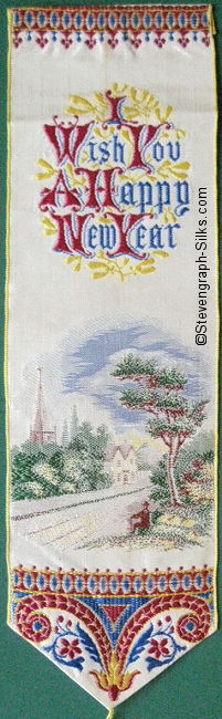 Bookmark with title words, above a steet scene