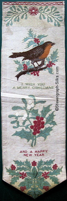 Bookmark with robin on a branch, title words, central image of holly and ivy, and Happy New Year words