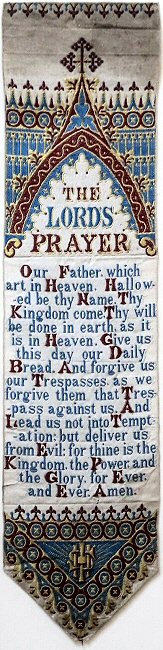 Bookmark with gothic arch above title words, and words of The Lords prayer