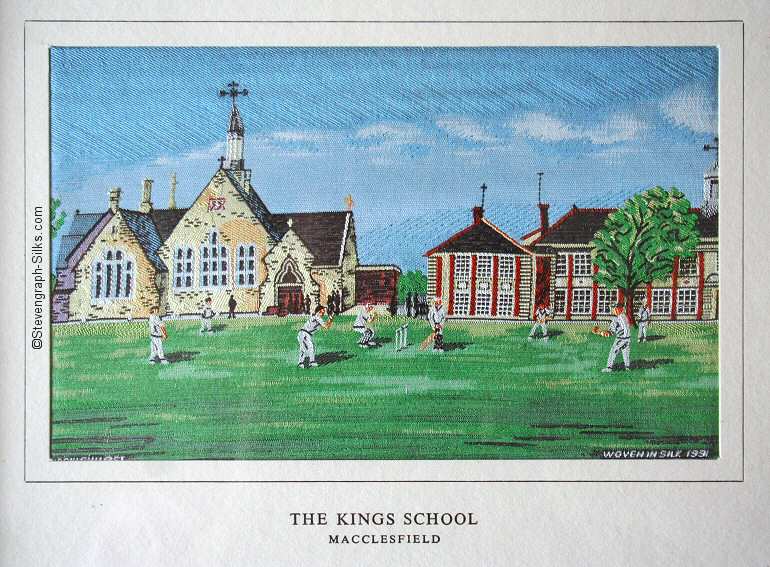 Brocklehurst-Whiston (BWA) silk picture of the boys playing cricket in the grounds of The Kings School