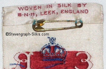 reverse of this bookmark showing the BN&H woven name, and pin, so the silk could be worn as a favour